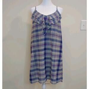 I Love Ronson Women Large Plaid Ruffle Neckline Slip Dress Purple Gray